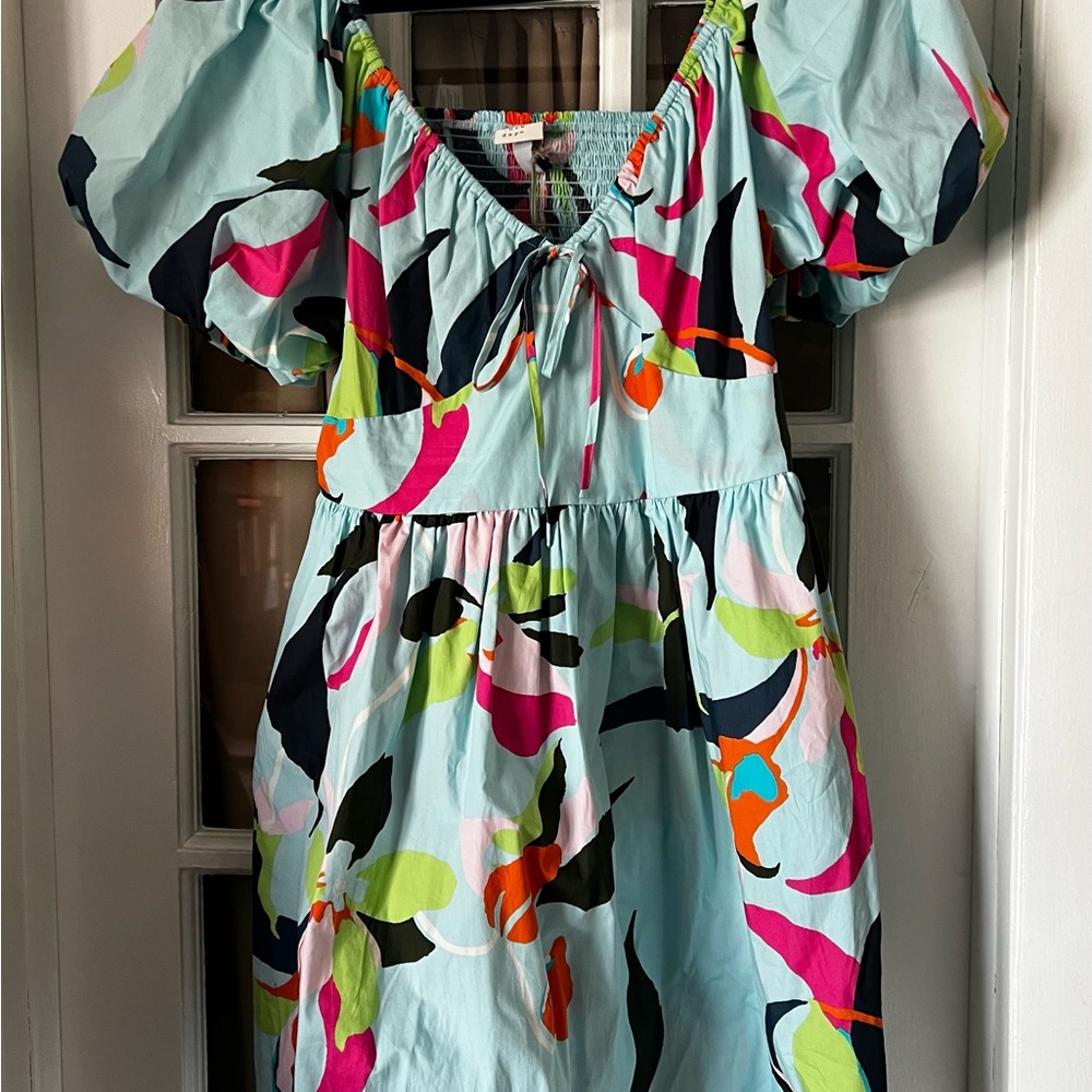 a new day Mint Multi-Color Abstract Puff-Sleeve Mini Dress